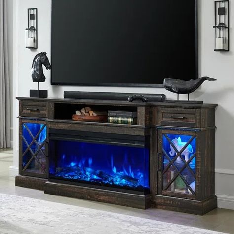 Wayfair | Fireplace TV Stands & Entertainment Centers You'll Love in 2024 Farmhouse Tv Stand With Fireplace, Tv Stand With Fireplace, Fireplace Glass Doors, Glass Tv Stand, Media Entertainment Center, Farmhouse Tv, Farmhouse Tv Stand, Color Lights, Farmhouse Fireplace