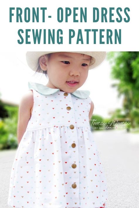 A front open dress/top pattern with optional peter pan collars. Easy for on and off, this is a classic pattern, with a stylish twist. #girlsdresssewingpattern, #girlsdresssewing, #sewingpattern, #easygirlsdresssewingpattern, #girlsdresspattern #frontopendresspattern #peterpancollardresspattern Peter Pan Collar Dress Pattern, Front Open Dress, Girls Sewing Patterns Free, Girls Top Pattern, Collar Dress Pattern, Baby Sewing Patterns Free, Open Dress, Girls Dress Sewing Patterns, Peter Pan Collars