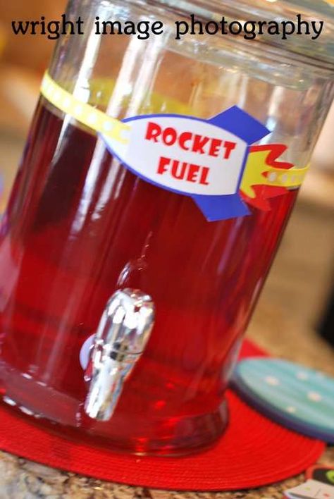 Greyson's Retro Rocket 2nd Birthday | CatchMyParty.com Rocket Fuel Drink, Nasa Party, Vbs Space, Space Themed Birthday Party, Vbs Snacks, Juice Container, Space Themed Birthday, 4de Verjaardag, Eclipse Party