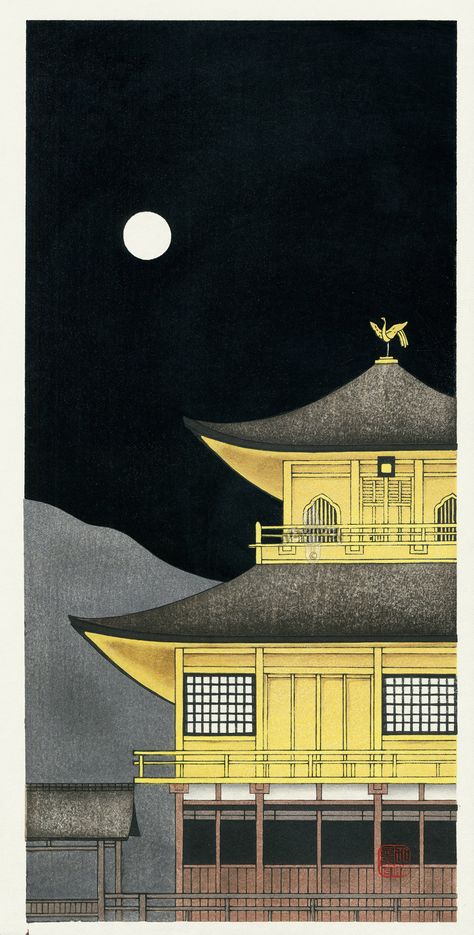 Kinkaku-ji Golden Pavilion from Kato prints of Kyoto by Moonlight #japan #print #woodblockprint #kyoto #art Kyoto Art, Golden Pavilion, Japanese Art Modern, Japanese Woodcut, Japan Painting, Art College, Japanese Artwork, Japanese Illustration, Japanese Woodblock