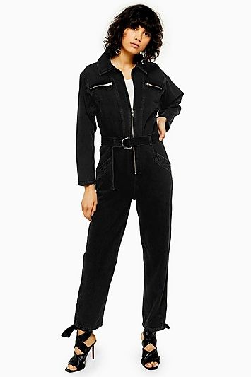 IDOL Black Denim Boiler Suit Black Boiler Suit, Denim Boiler Suit, Short Sleeve Denim Dress, Outfit Essentials, Denim Playsuit, Borg Jacket, Boiler Suit, Lined Jeans, Topshop Outfit