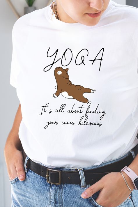 Looking for a funny yoga-themed t-shirt design? Check out this shirt: "Yoga: It's All About Finding Your Inner Hilarious"! Whether you're a seasoned yogi or just starting out, this shirt is sure to bring a smile to your face. With a playful design and a pun, it's the perfect way to show off your love of yoga and your sense of humor. Yoga Shirts With Sayings, Funny Yoga, Yoga Tees, Yoga Shirt, Yoga Tshirt, Quote Shirt, Yoga Shirts, Comfort Colors Shirt, Granola Girl