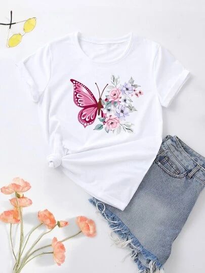 Butterfly Tshirt Design, Boys Shirts Pattern, Printed Tee Women, Fabric Painting On Clothes, T Shirt Painting, Floral Butterfly, Shirt Print Design, Painted Clothes, Fabric Floral