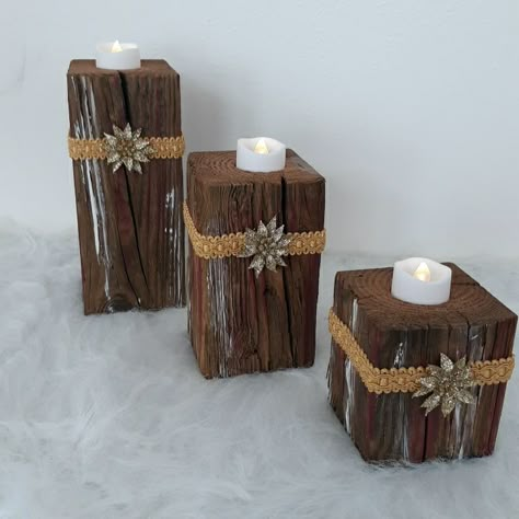 Farmhouse Rustic Wooden Candleholders. Set Of Three Comes With Three Flickering Led Candles. Handsome Recycled Barnwood. Measures 3 1/2 By 3 1/4 By 8 Inches, 6 Inches, 4 Inches Tall, Repectively. Rustic Pallet Decor, Wooden Block Candle Holders, Diy 4x4 Wood Projects, Wooden Trinkets, Wooden Candle Holders Rustic, 4x4 Wood Crafts, Barnwood Projects, Small Easy Woodworking Projects, Block Candles