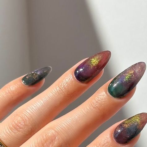 Dayanna Issey Sapiens on Instagram: "It’s October 1st 😵‍💫🖤
& that means the new @cirquecolors delusion collection is available now!!! These are stunning multichrome magnetics inspired by being delulu 😵‍💫🤘🏻use code DAYANNA10 to save on your purchase 🫶🏻

using all six colors 🖤
thank you so much @cirquecolors for sending me these beautiful colors & sponsoring this post 🫶🏻

#nail #nailart #nailsnailsnails #nailsofinstagram #nailsofig #velvetnails #cateyenails #fallnails #halloweennails" Hombre Purple Nails, Jewel Tone Nail Designs, Jewel Tone Nails, Magnet Nails, Dark Purple Nails, Velvet Nails, Cat Eye Nails, Purple Nails, Jewel Tones