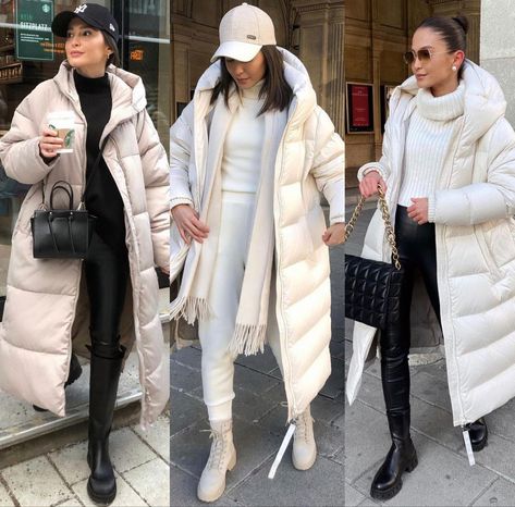 White Long Puffer Jacket Outfit, Cream Puffer Coat Outfit, Long Puffer Jacket Outfit Winter Style, White Puffer Coat Outfit, White Jacket Outfit Casual, White Puffer Outfit, Puffer Jacket Outfit Aesthetic, White Puffer Jacket Outfit, Long Puffer Jacket Outfit