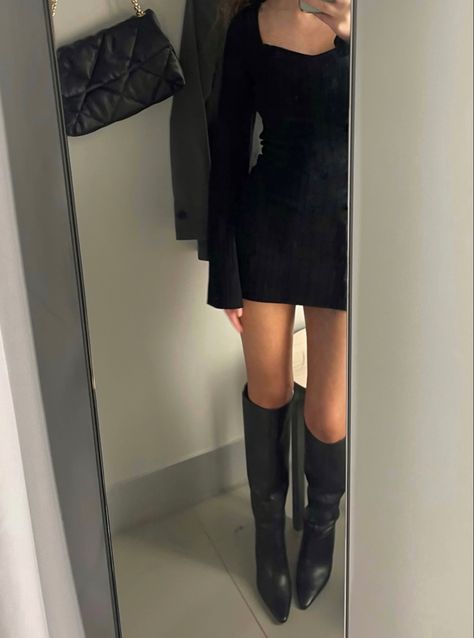 Black Mini Dress Knee High Boots, Short Dress And Knee High Boots, Nee High Black Boots Outfit, Mini Dress With Knee High Boots, Black Dress And Knee High Boots, Black Mini Dress And Boots, Short Dress With Knee High Boots, Black Dress With Tights And Boots, Black Dress Knee High Boots