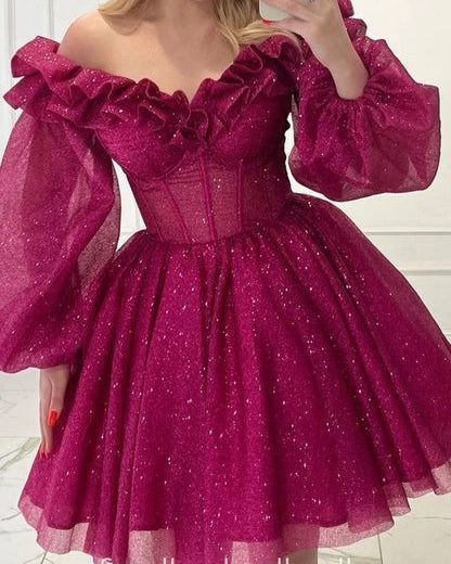 Celebrity Gowns, Hot Pink Shorts, Mini Homecoming Dresses, Off Shoulder Fashion, Puff Long Sleeves, Birthday Dress, Homecoming Dresses Short, Long Puff Sleeves, Glam Dresses