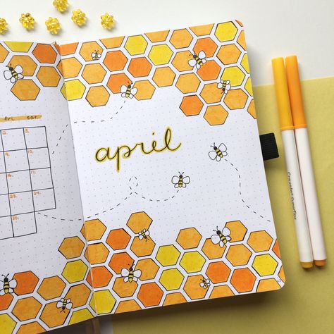 april bee honeycomb bullet journal theme #bujo #bujoideas #bulletjournaling #bulletjournal #bulletjournalideas Bullet Journal May Theme, Bullet Journal April Theme, Lemon Bullet Journal Theme, Sunflower Bullet Journal Theme, Bee Theme Bullet Journal, April Bullet Journal, Journal Inspiration Writing, Bee Honeycomb, Bullet Journal Themes