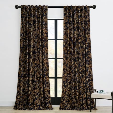 PRICES MAY VARY. DESIGN & DECOR: The soft yet vivid floral and gold foliages spread over the whole panel with black background. A classic and vintage decorative curtains give an elegant and eye-catching look to your rooms, fit into any retro or rustic setting as well as a delicate space. Unlined, single-sided digital print. READY MADE: Sold as 2 Print Velvet Curtains. Each panel measures 52"W x 90"L (from top edge of installed rod to bottom). Dual rod pocket design fits most of standard rod and Autumn Curtains Living Room, Dining Room Curtains Traditional, Between Two Windows Decor, House Of Hackney Curtains, Patterned Curtains Living Room Ideas, Curtains For Green Living Room, Gold Curtains Living Room Ideas, Dark Wall Curtain Ideas, Academia Curtains