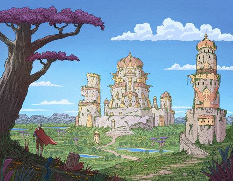 Ruined Tower Fantasy Art, Ruined City Fantasy Art, Ruins Illustration, 2d Animation Background, Fantasy Ruins, 2d Background, City Ruins, Monster Rancher, Speculative Biology