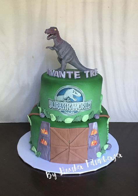 Jurassic World T-Rex dinosaur 2-tier birthday cake Jurassic World Cake, World Cake, Jurassic Park Birthday Party, Jurassic Park Party, Jurassic Park Birthday, Lego Birthday Cake, Dinosaur Birthday Party Decorations, Dino Cake, Dinosaur Birthday Cakes