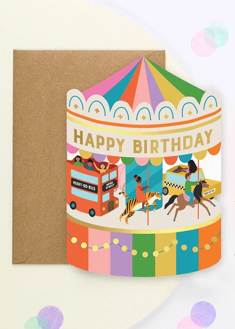 Step into a world of enchantment with our captivating Carousel Adventure Shaped Birthday Card. This unique greeting card, crafted in the shape of a whimsical carousel, features delightful illustrations including a New York taxi, alongside a playful horse, a majestic tiger, and a charming red London bus. Gold foil accents embellish the card, featuring the heartfelt caption 'Happy Birthday,' complemented by twinkling ‘gold foil’ lights adorning its base. Perfect for adding a touch of magic to any Honeycomb Cheesecake, Vegan Red Velvet Cake, Caption Happy, Gluten Free Wedding Cake, Gender Reveal Cake Topper, Carousel Birthday, New York Taxi, Sparkler Candles, Monster Cake