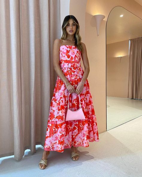 Wedding Lunch Outfit Guest, Garden Party Mini Dress, Bright Color Dresses Summer, Vibrant Floral Dress For Garden Party, Vibrant Summer Party Maxi Dress, Bright Summer Dress, Pink Floral Print Cocktail Maxi Dress, Garden Party Dresses For Women, Summer Garden Party Outfit