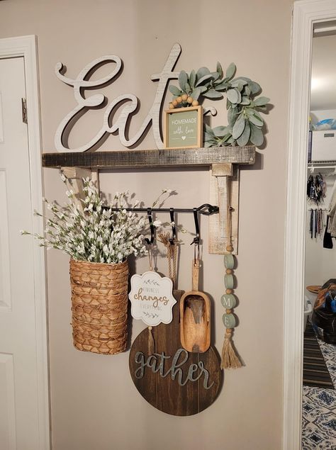 Eat Wall Decor, 2023 Home Interior, Eat Sign, Farmhouse Dining Rooms Decor, Kitchen Shelf Decor, Whitewashed Wood, Diy Home Accessories, Wall Decor Farmhouse, Elegant Vases