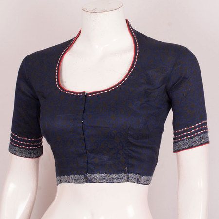 Hand Block Printed Silk Cotton Blouse With Embroidered Collar Neck & Sleeve 10030510 - AVISHYA.COM Blouse Designs High Neck, Cotton Saree Blouse Designs, Cotton Blouse Design, Suit Clothing, New Saree Blouse Designs, Latest Model Blouse Designs, Fashionable Saree Blouse Designs, Blouse Design Images, New Blouse Designs