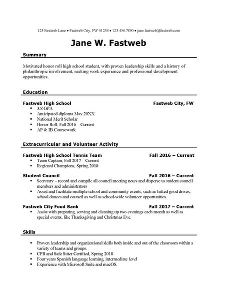 First Part-Time Job Resume Sample | Fastweb First Job Resume With No Experience, Resume For Students With No Experience, Beginner Resume, High School Jobs, High School Resume Template, First Job Resume, School Resume, High School Resume, Work Resume