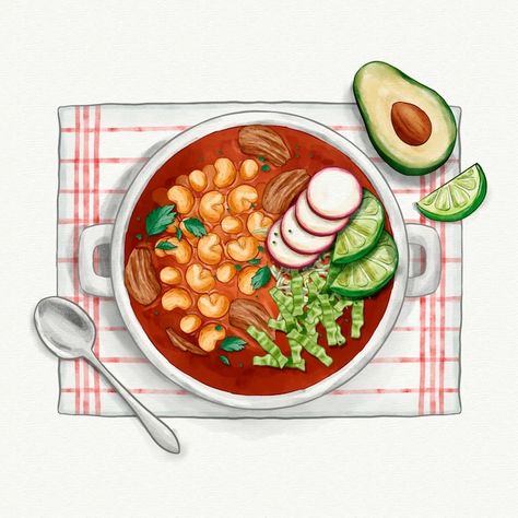 Mexican Food Cartoon, Tamales Illustration, Pozole Drawing, Mexican Food Illustration, Mexican Food Drawing, Mexican Food Art, Mexican Illustration, Mole Recipe, Food Art Painting