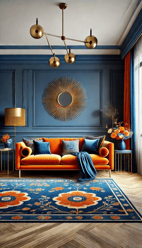 Blue Room Orange Accents, Cobalt Blue Walls Living Room, Blue Orange Color Palette Living Room, Bold Blue Living Room, Blue And Orange Home Decor, Navy Rust Living Room, Blue Maximalist Living Room, Orange And Navy Living Room, Navy Blue Walls Living Room