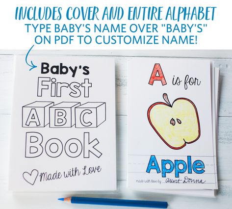 Plan the best baby shower with this DIY ABC Coloring Book thats fun, easy, and a great keepsake for the mom-to-be and baby! Its a great activity for artistic or non-artistic guests alike. The illustrations keep a consistent look throughout the finished book and each page can by signed Baby Shower Activity, Abc Printables, Abc Coloring, Mini Photo Albums, Free Baby Shower, Simple Baby Shower, Book Baby, Abc Book, Virtual Baby Shower