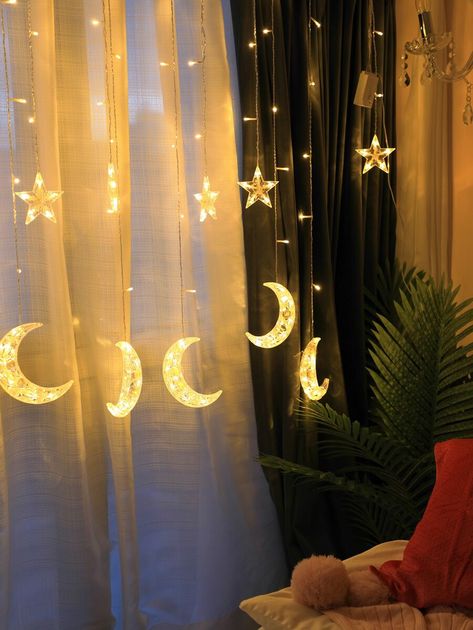 Moon And Star Bedroom Ideas, Celestial Room, Star Bedroom, Home Ideas Kitchen, Space Themed Room, String Lights In The Bedroom, Home Drawing, Drawing Home, Star String Lights