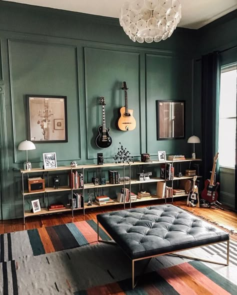 Home Office Guitar Room, Guitar Space In Room, Green Mancave, Green Music Room, Modern Music Room, Office Music Room, Music Room Office, Office Music, Music Reading