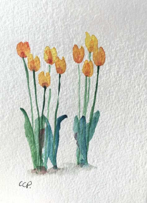 Tulips Watercolor, Watercolor Tulips, Hand Painted Card, Watercolor Card, Watercolor Paintings Easy, Watercolor Flower Art, Paint Cards, Pola Sulam, Yellow Tulips