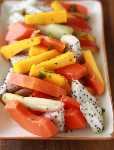 Tropical Fruit Salad with Ginger Mint Dressing by Season with Spice Asian Fruit, Quinoa Fruit Salad, Stone Fruit Salad, Mint Dressing, Tropical Fruit Salad, Grilled Fruit, Easy Asian Recipes, Fruit Salads, Spice Shop