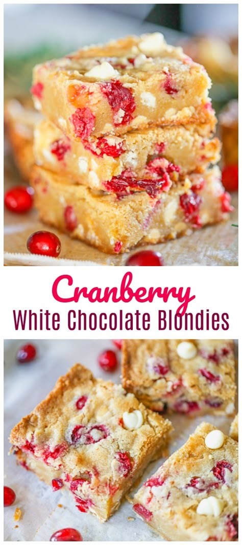 Holiday Cranberry White Chocolate Blondies - Ring in the holidays with these soft, chewy ultimate blondies stuffed with fresh cranberries and white chocolate.  It\'s a lovely decadent treat praising sweet and tart moods of the season and we can\'t get enough of these fudgy, buttery caramel blondie bars! #bars #blondies #cranberry #cranberries #whitechocolate #holidaybars #holidaybaking #cranberrydessert #dessert #christmasdessert Potluck Food, Caramel Blondie, Appetizing Food, Blondie Bars, Recipes Steak, Cranberry White Chocolate, Cranberry Bars, Chocolate Blondies, Cranberry Dessert