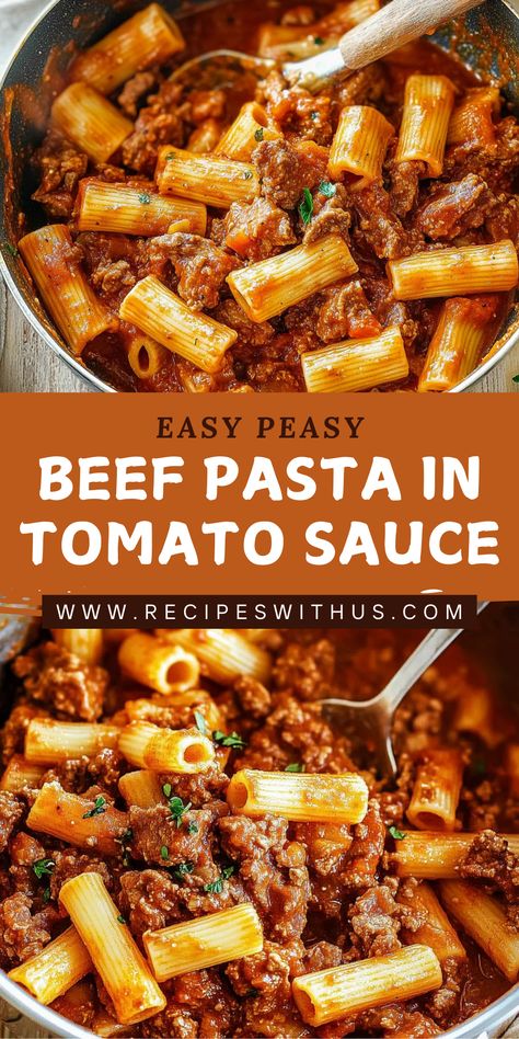 Indulge in a comforting bowl of Beef Pasta in Tomato Sauce! This hearty dish features tender pasta perfectly coated in a rich, savory tomato sauce loaded with succulent ground beef. Simple to prepare and bursting with flavor, it's the ideal weeknight meal that the whole family will love. Ready in just 30 minutes, this delicious recipe will quickly become a staple in your kitchen. Dive into a plate of perfection tonight! 🍝❤️ #ComfortFood #EasyRecipes Meat Pasta Sauce Recipes, Red Sauce Meals, Recipes With Tomato Paste, Pasta In Tomato Sauce, Pasta Meat Sauce, Pasta Tomato Sauce, Pasta With Meat, Delicious Lunch Recipes, Pasta Tomato