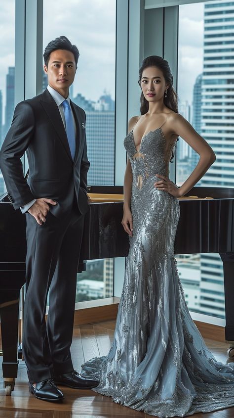 Elegant Evening Attire: A man and woman dressed in formal wear, posing confidently in a high-rise building. #elegant #evening #fashion #man #woman #aiart #aiphoto #stockcake ⬇️ Download and 📝 Prompt 👉 https://ayr.app/l/MXtT Formal Attire Couple, Couple Elegant Outfits, Couple Poses Formal, Couple Formal Outfits, Same Height Couples, Couples Outfits Matching, Evening Fashion, Elegant Couple, Self Portrait Poses