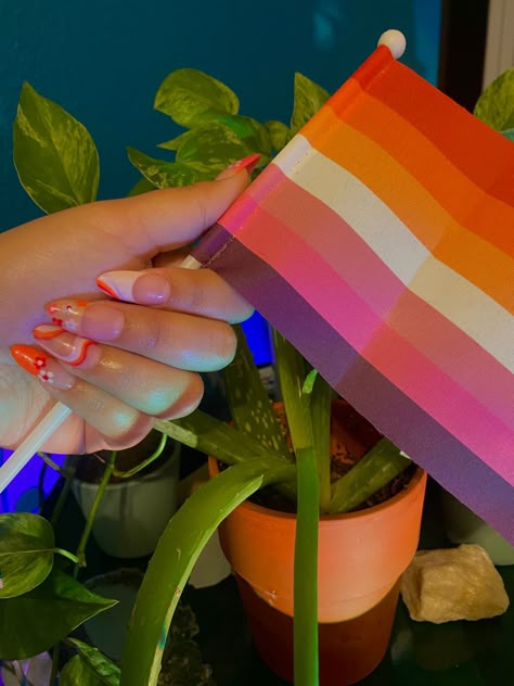 #lesbian #pride #nails Lesbian Nails Aesthetic, Lesbian Flag Nail Art, Lesbian Pride Nails Designs Simple, Lesbian French Tip Nails, Lesbian Nail Art Designs, Pride Nails Aesthetic, Lesbian Nails Design Subtle, Pride Nails Lesbian Flag, Nail Inspo Pride