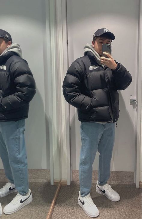 Tnf Puffer Jacket Outfit Men, Puffer Men Outfit, Puffer Jacket Outfit Winter Style Men, Men’s Puffer Jacket Outfit, Puffer Outfit Men, Men Puffer Jacket Outfit, Winter Drip Outfits Men, Guys Winter Outfits, Puffer Jacket Outfit Men