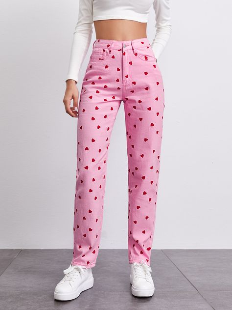 Color: Pink Pattern Type: Heart Length: Long Type: Straight Leg Details: Button, Pocket, Zipper Composition: 85% Cotton, 15% Polyester Material: Denim Fabric: High Stretch Sheer: No Fit Type: Regular Fit Closure Type: Zipper Fly Waist Line: High Waist Belt: No Jean Rose, 00s Mode, Jeans Rosa, Pink Jeans, Printed Jeans, Shein Style, Looks Vintage, Heart Print, Look Cool