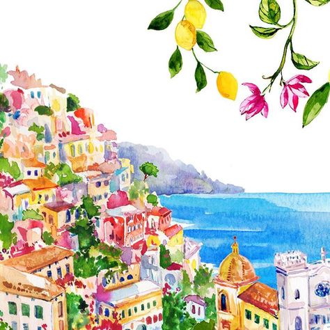 Positano Italy Painting, Capri Italy Painting, Amalfi Coast Watercolor Paintings, Amalfi Coast Watercolor, Positano Watercolor, Italy Watercolor Paintings, Watercolour Italy, Shops Illustration, Positano Art