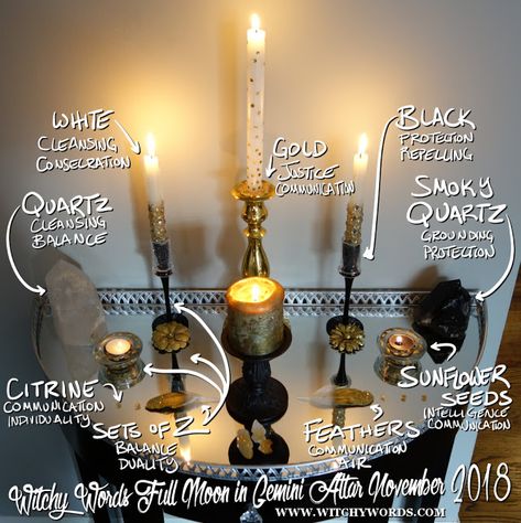 Witchy Words: Full Moon in Gemini Altar November 2018 Moon Alter, Astral Energy, Witchy Words, Full Moon In Gemini, Magic Practice, Moon Altar, Moon In Gemini, Sacred Space Altar, Diy Moon