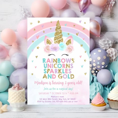 Unicorn Birthday Party Invite, Unicorn Three Year Old Party, 3rd Unicorn Birthday Party, 4 Ice Cream Party, Unicorn 5th Birthday Party, Kids Unicorn Party, Unicorn First Birthday, Rainbow Unicorn Birthday Party, Unicorn Birthday Decorations