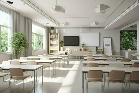 Interior of modern classroom with white walls, concrete floor, rows of green chairs and empty whiteboard. 3d rendering. ai generated. pro photo Classroom Interior Design, Green Chairs, Classroom Interior, Modern Classroom, Concrete Floor, Green Chair, Cityscape Photos, Logo Banners, Whiteboard