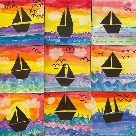 Caitlyn Thompson on Instagram: "First graders have finished their first project of the year!! 🥳🤩⛵️ These glowing beauties are for our @square1art fundraiser. 🙌🏻 We talked all about warm and cool colors, then used our brains and art-muscles to problem solve (cut) rectangles into trapezoids and triangles!! ✂️ Fabulous start to the new year!! 👩🏼‍🎨 #arteducation #artcoach #growthmindset #iteachkids #iteachart #proudartteacher #elementaryart #primaryart #kidsart #artwithcoacht" Grade 3 Art Projects Lesson Plans, Art For Year 1, Beginning Of Year Art Projects For Kids, Elementary Art Lessons 1st Grade, Summer Kids Art Projects, Art For 2nd Graders, 1st Grade Art Projects Summer, New Year Art Grade 1, Year 3 Art