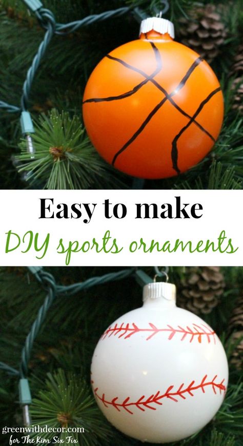 Make these easy DIY baseball and basketball ornaments. What a cute idea, saving this one for Christmas! Sport Christmas Tree, Basketball Crafts Diy, Sports Christmas Tree Ideas, Basketball Ornaments Diy, Sports Christmas Tree, Basketball Ornaments, Baseball Christmas Tree, Baseball Snowman, Basketball Crafts