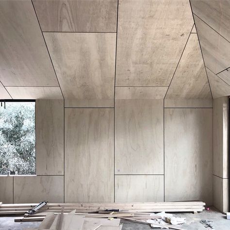 Adam Kane Architects on Instagram: “Plywood walls and angled ceilings at our Yandoit Cabin, ready for sanding and sealer. #adamkanearchitects . . . . #plywoodyounot?…” Plywood Wall Paneling, Plywood Ceiling, Plywood House, Plywood Wall, Plywood Design, Plywood Interior, Angled Ceilings, Plywood Walls, Plywood Panels