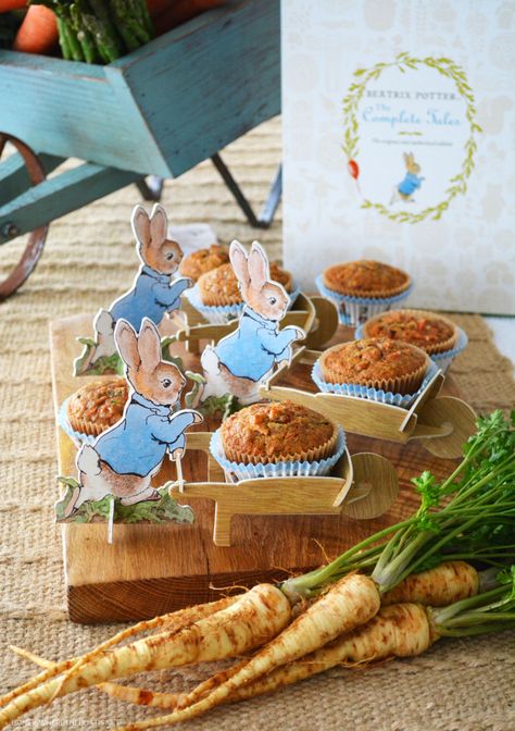 Peter Rabbit's Carrot-Zucchini Muffins | ©homeiswheretheboatis.net #muffin #carrot #zucchini #recipes Easter Themed Recipes, Carrot Zucchini Muffins, Carrot Zucchini, Moist Muffins, Peter Rabbit Party, Spring Menu, Peter Rabbit And Friends, Zucchini Muffins, Rabbit Food