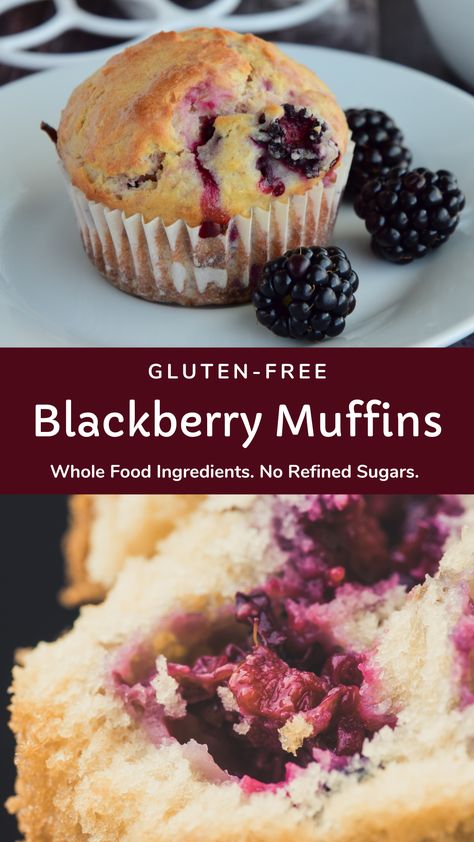 Two pictures: Top pictures of freshly baked blackberry muffin with fresh blackberries on a white plate. Bottom pictures is a close up shot of the tender crumbs of the inside of the gluten free blackberry muffin that is made with oat flour and juicy blackberries that have burst as they baked into the muffin. Gluten Free Fruit Muffins, Gluten Free Blackberry Muffins, Gluten Free Blackberry Recipes, Healthy Blackberry Recipes, Blackberry Muffins Healthy, Oatmeal Blackberry, Triple Berry Muffins, Blackberry Muffins, Blackberry Muffin