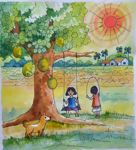 Summer Season Drawing, Nature Drawing For Kids, Village Scene Drawing, Scenery Drawing For Kids, Village Drawing, Art Competition Ideas, Summer Drawings, Trippy Drawings, Scene Drawing