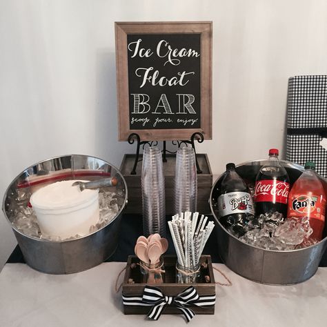 Ice cream float bar Ice Cream Float Bar Ideas, Ice Cream Floats Bar, Root Beer Float Wedding, Ice Cream Social Engagement Party, Root Beer Float Bar Wedding, Coke Float Bar, Float Bar Ice Cream, Root Beer Float Bar Ideas, Rootbeer Float Bar Parties