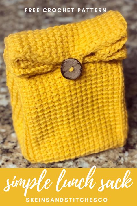 Simple Crochet Bag, Lunch Bags Pattern, Crocheted Cow Pattern, Lunch Sack, Brown Paper Lunch Bags, Simple Lunch, Tunisian Crochet Hook, Sack Lunch, Paper Lunch Bags