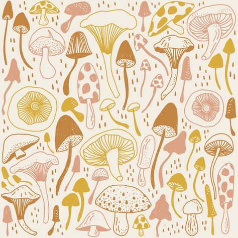 Its fall, y’all - time for mushrooms. Illustration by Pen+Pine. #mushrooms #mushroomhunting #shrooms #illustration #illustrationartists #digitalart #autumn #spookyart #spookyseason Mushrooms Illustration Botanical, Autumn Surface Pattern, Mushroom Pattern Design, Mushroom Folk Art, Fall Art Print, Autumn Pattern Design, Pottery Painting Autumn, Pottery Painting Mushroom, Autumn Pattern Illustration