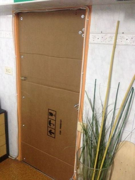 Cardboard door where there was no door.     #Doors #Do-It-YourselfIdeas, #RecycledCardboard Cardboard Door, Cardboard Recycling, Make A Door, Cardboard Crafts Diy, Paper Furniture, Door Picture, Diy Cardboard Furniture, Cardboard Paper, Cardboard Furniture