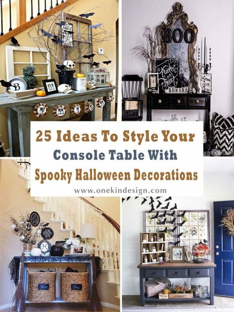 halloween-decorated-console-table Pumpkin Ideas Cute, Painting Pumpkin Ideas, Pumpkin Painting Ideas Easy, Cute Pumpkin Painting Ideas, Cute Pumpkin Painting, Painting Ideas Pumpkin, Easy Pumpkin Painting, Easy Outdoor Halloween Decorations, Halloween Living Room Decor