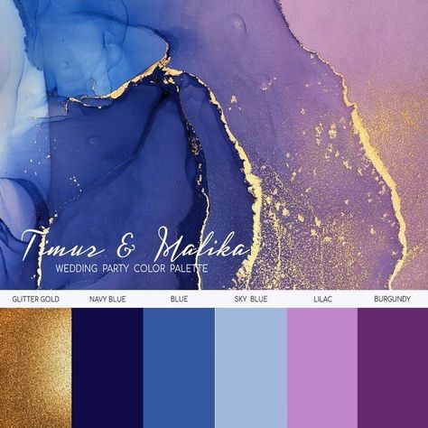 Galaxy Wedding Colors, Blue Purple Gold Color Palette, Galaxy Wedding Decor, Celestial Wedding Color Palette, Purple Gold Palette, Night Sky Wedding Theme, Celestial Branding, Galaxy Wedding Theme, Sky Palette